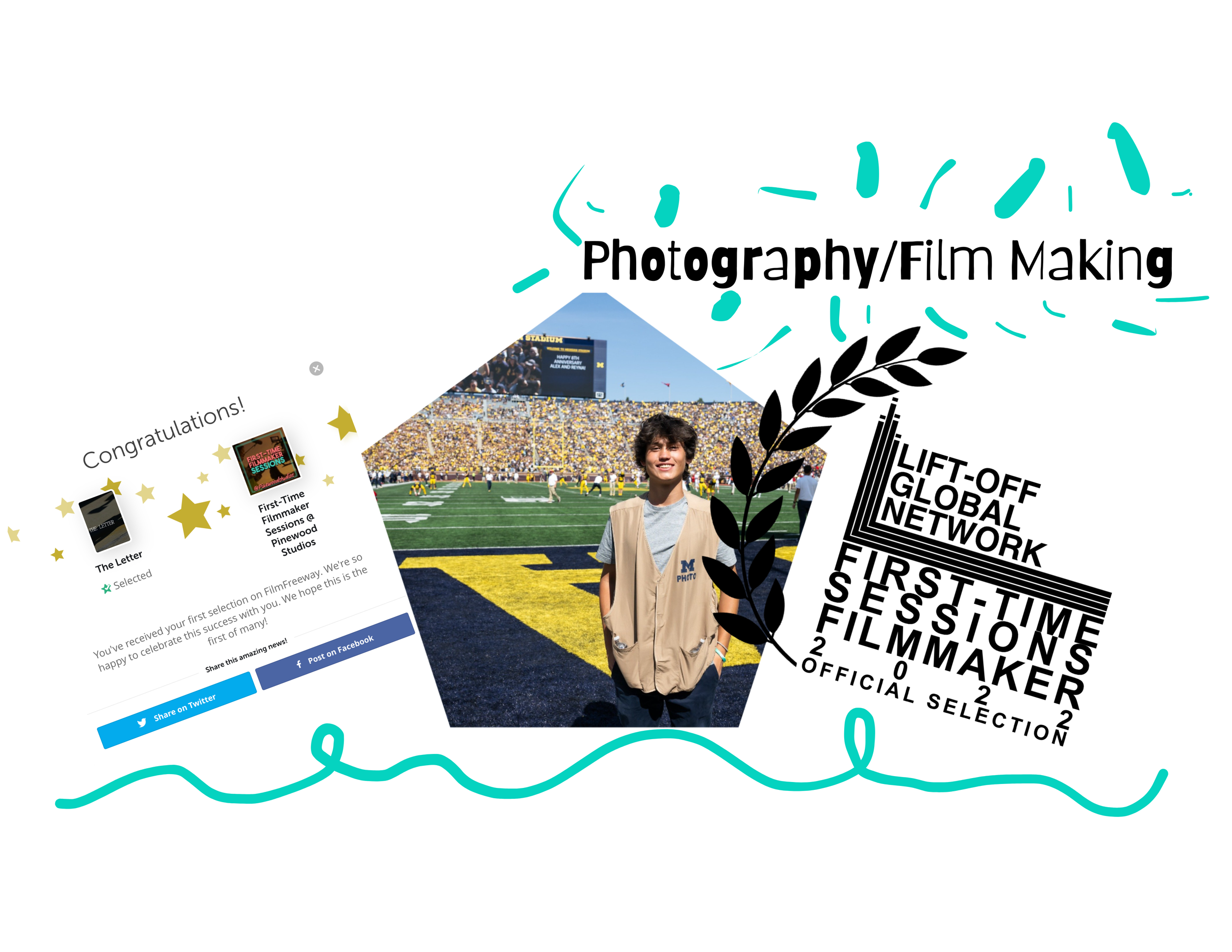 Photography/Film Making collage: Julian at Michigan Stadium in a photo-crew vest, with film festival selection notices for his short 'The Letter'