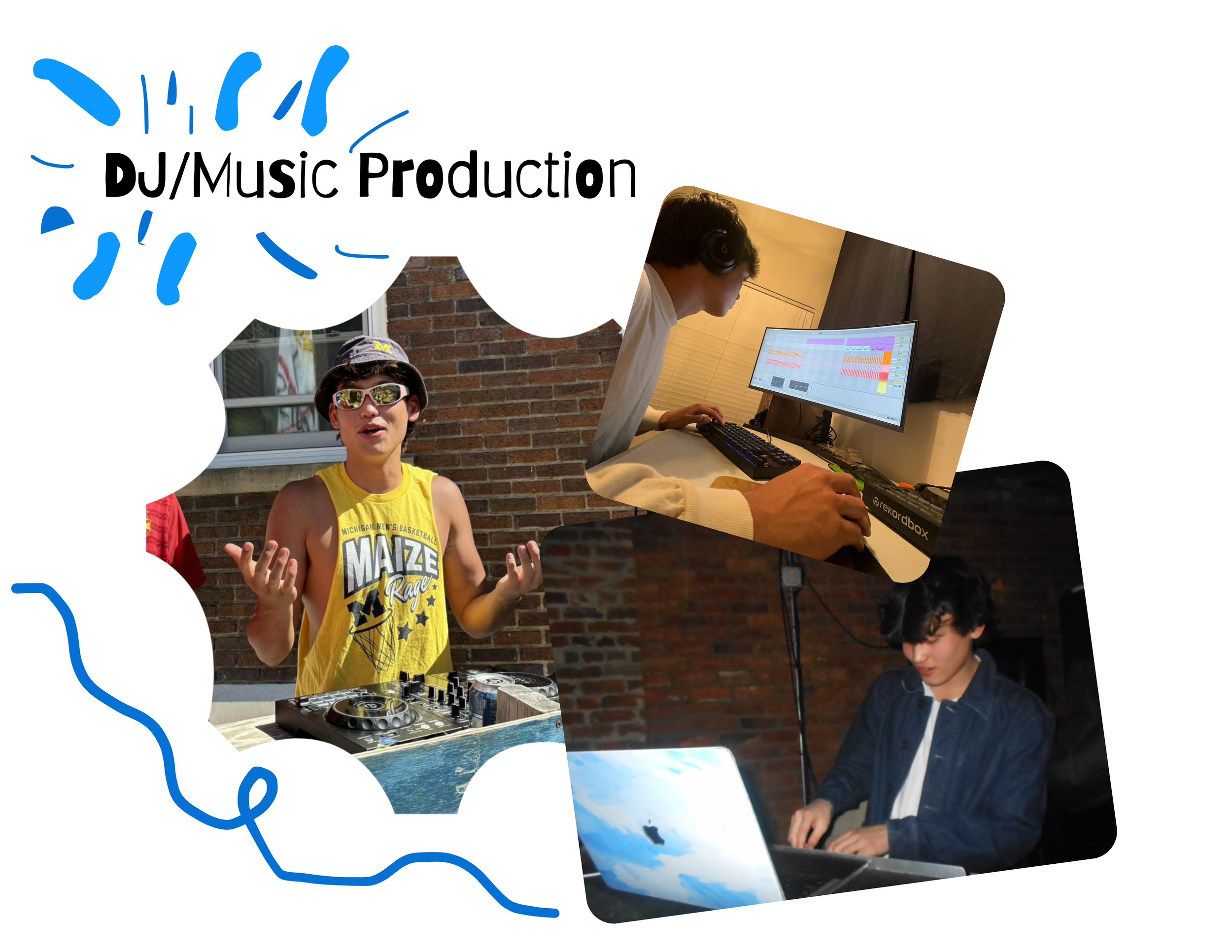 DJ/Music Production collage: Julian DJing outdoors on turntables, and producing music at a laptop and keyboard