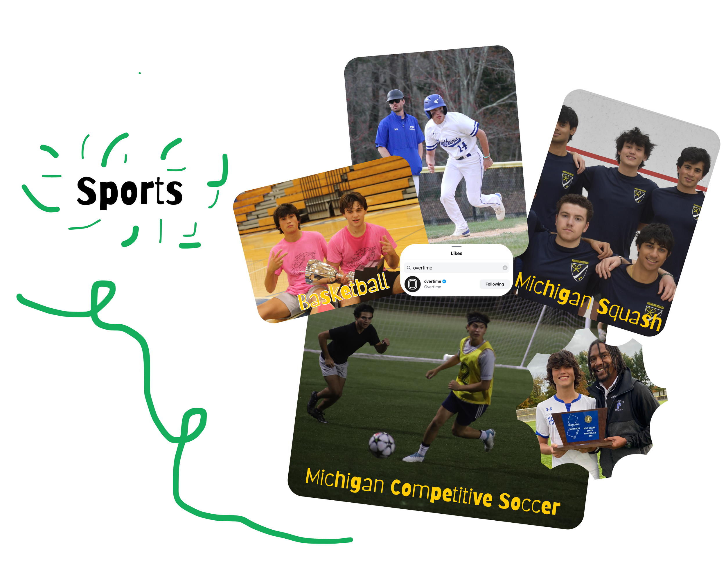 Sports collage: Julian playing baseball, basketball, and soccer, with his Michigan Squash team and a sectional-champion award