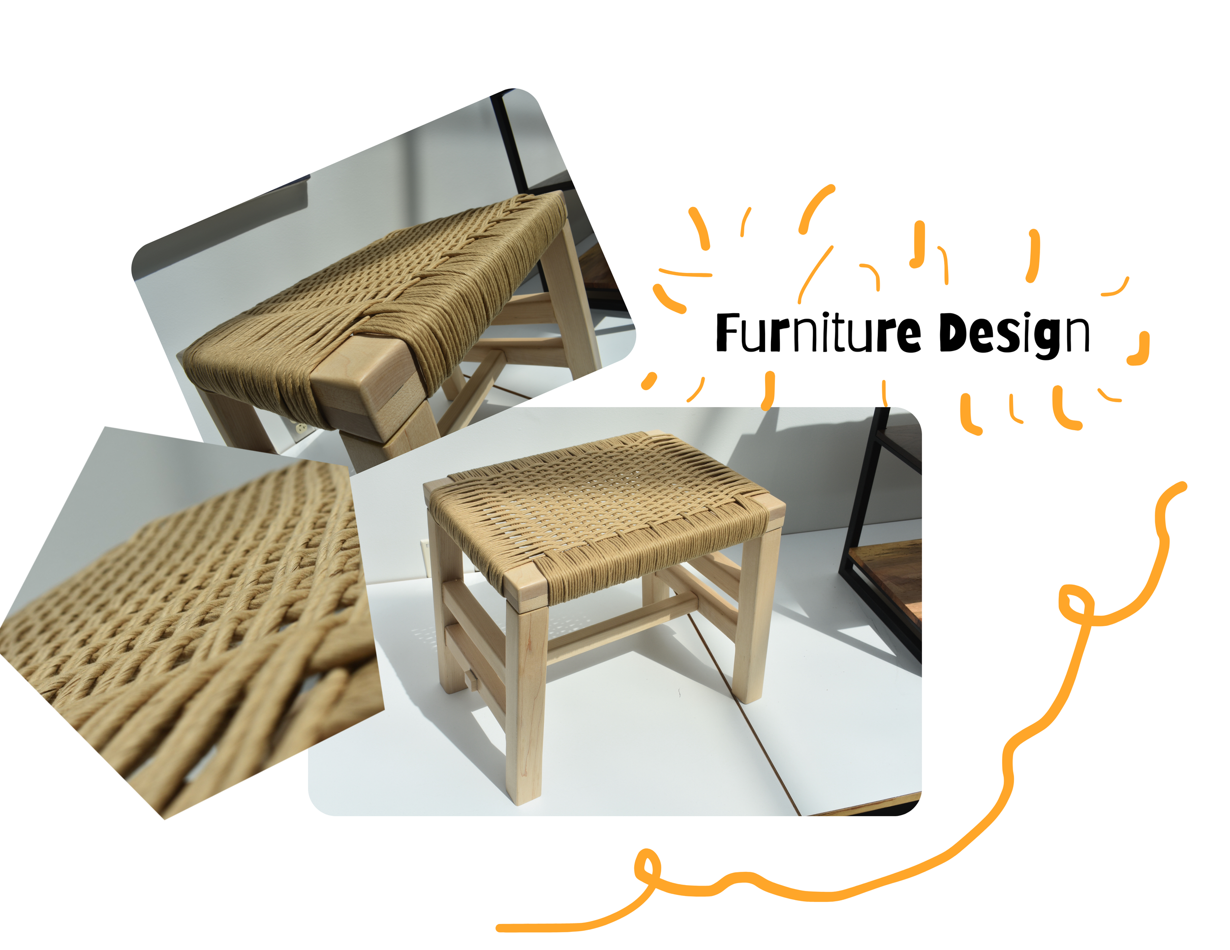 Furniture Design collage: a handmade wooden stool with a woven cord seat, plus a close-up of the weave pattern