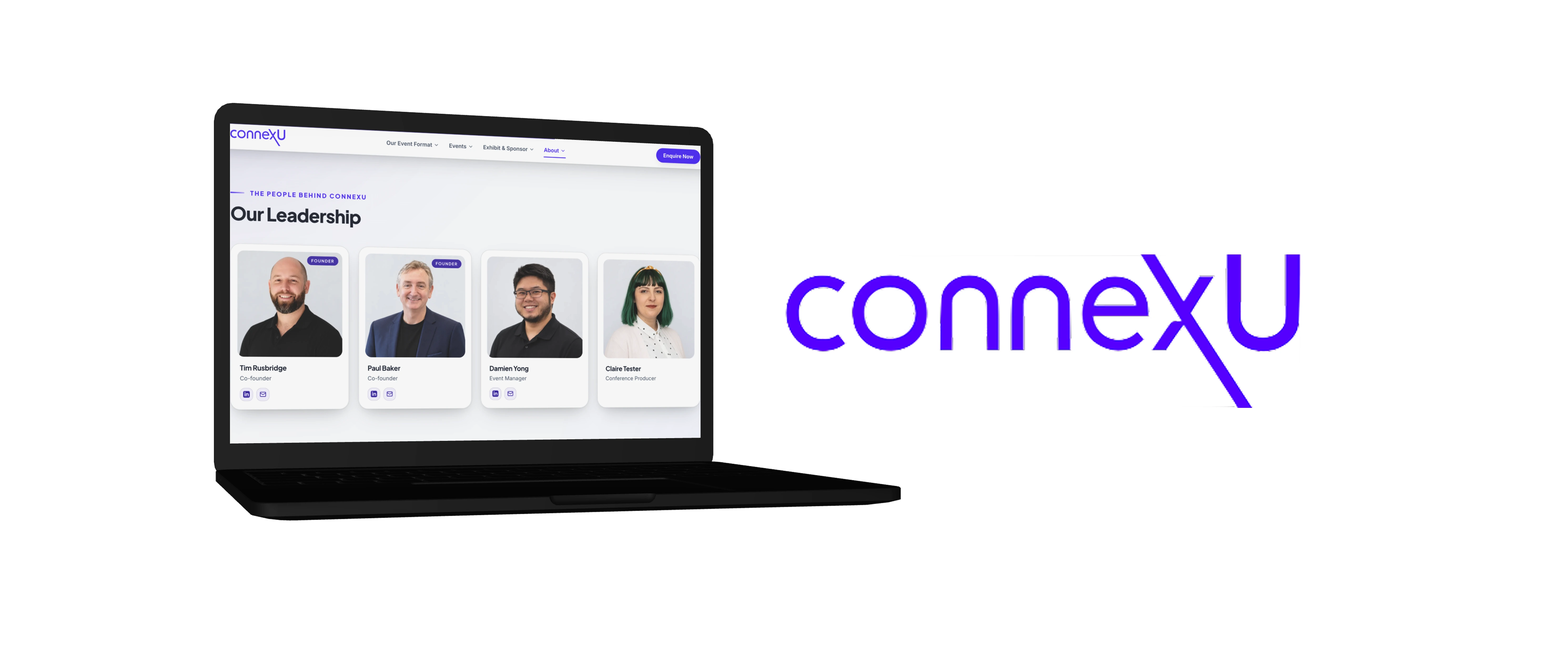 The connexU website's Our Leadership page shown on a laptop, beside the connexU wordmark