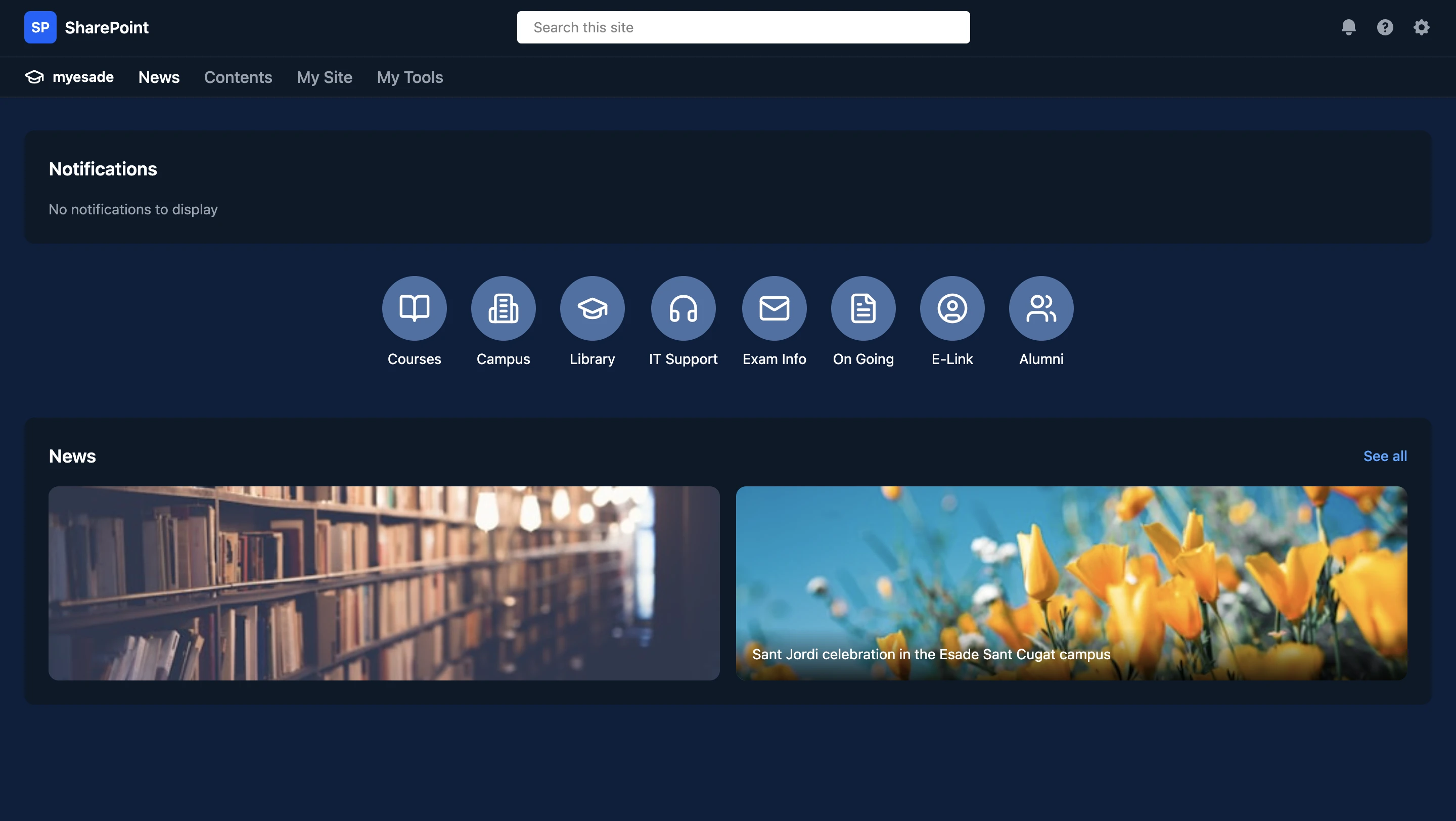 The redesigned myesade SharePoint homepage in a dark theme, with shortcuts for Courses, Campus, Library, IT Support, Exam Info, On Going, E-Link, and Alumni