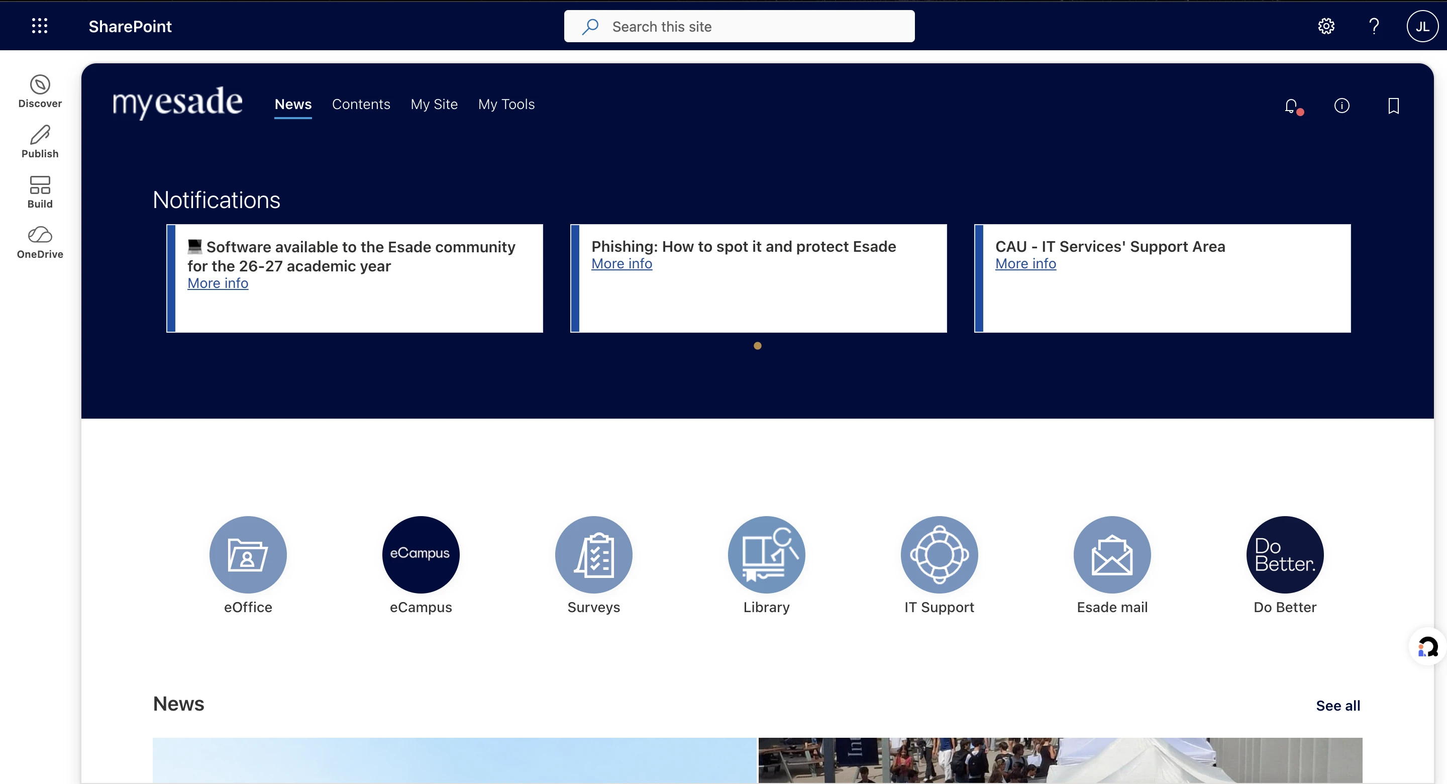 The original myesade SharePoint homepage with notification cards and shortcuts for eOffice, eCampus, Surveys, Library, IT Support, Esade mail, and Do Better