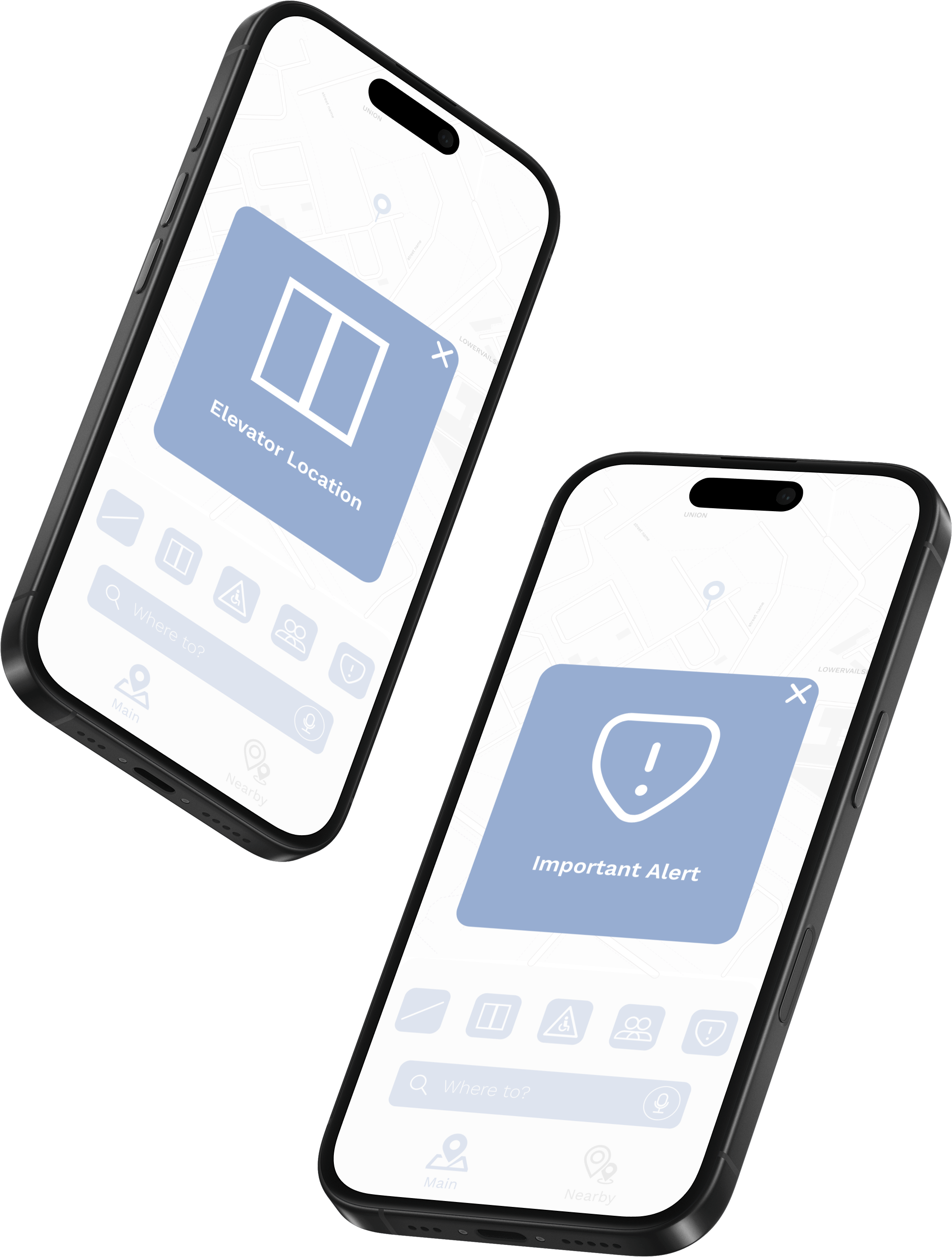 Two Guide app screens showing an elevator-location callout and an important-alert callout over the map