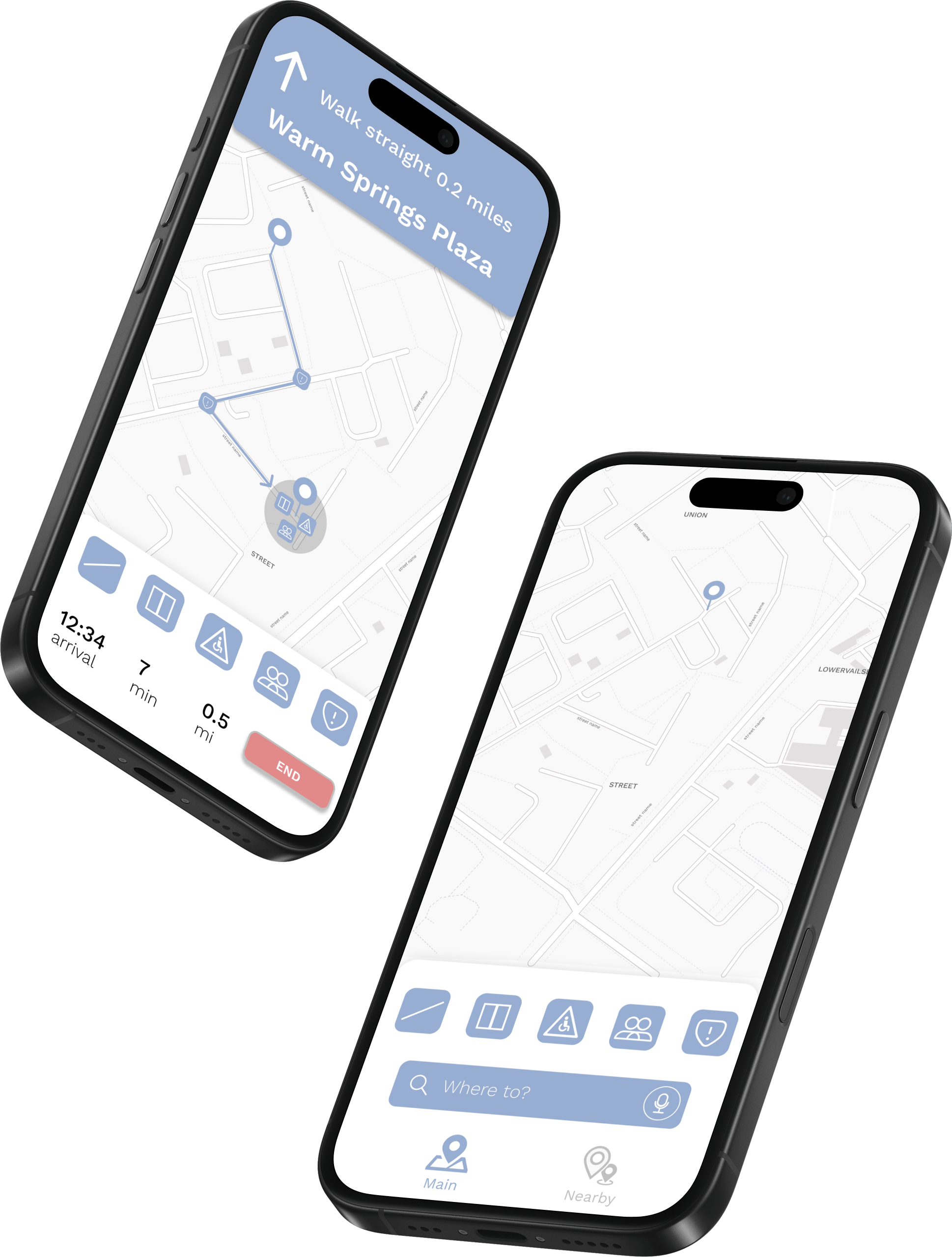 Two Guide app screens: turn-by-turn directions to Warm Springs Plaza with an accessibility icon bar, and the surrounding map view