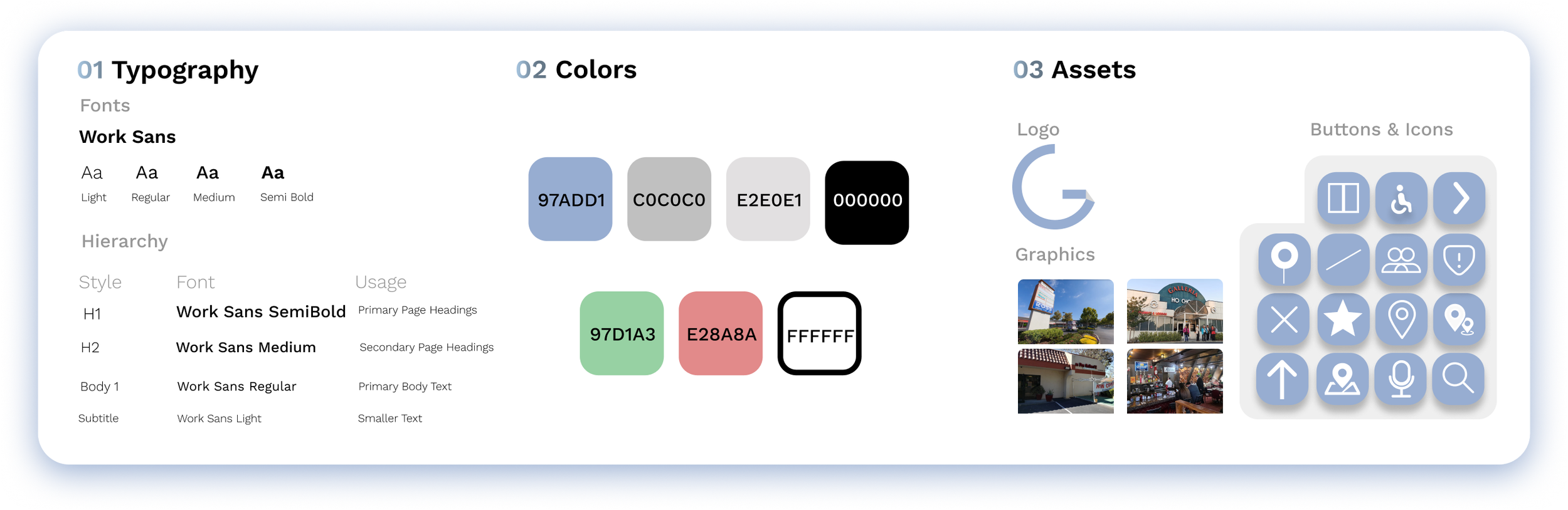 Guide app design kit: Work Sans typography scale, a blue/gray/coral color palette with hex codes, and the app's icon and button assets