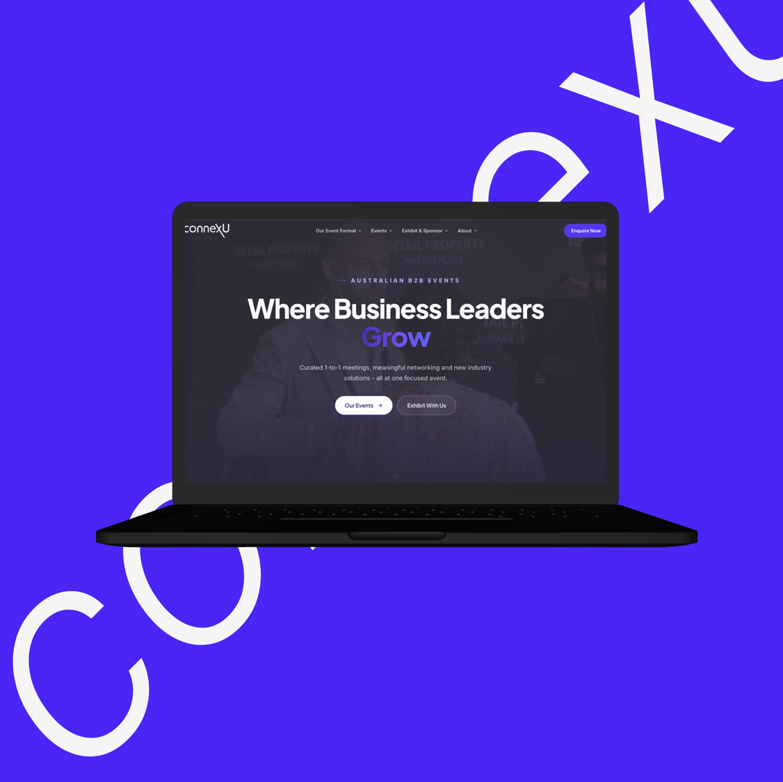 connexU homepage on a laptop, reading 'Where Business Leaders Grow', on a purple background with the connexU wordmark
