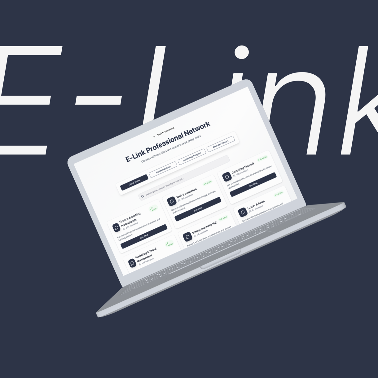 E-Link Professional Network dashboard on a laptop, showing recruiter and alumni group chats by industry