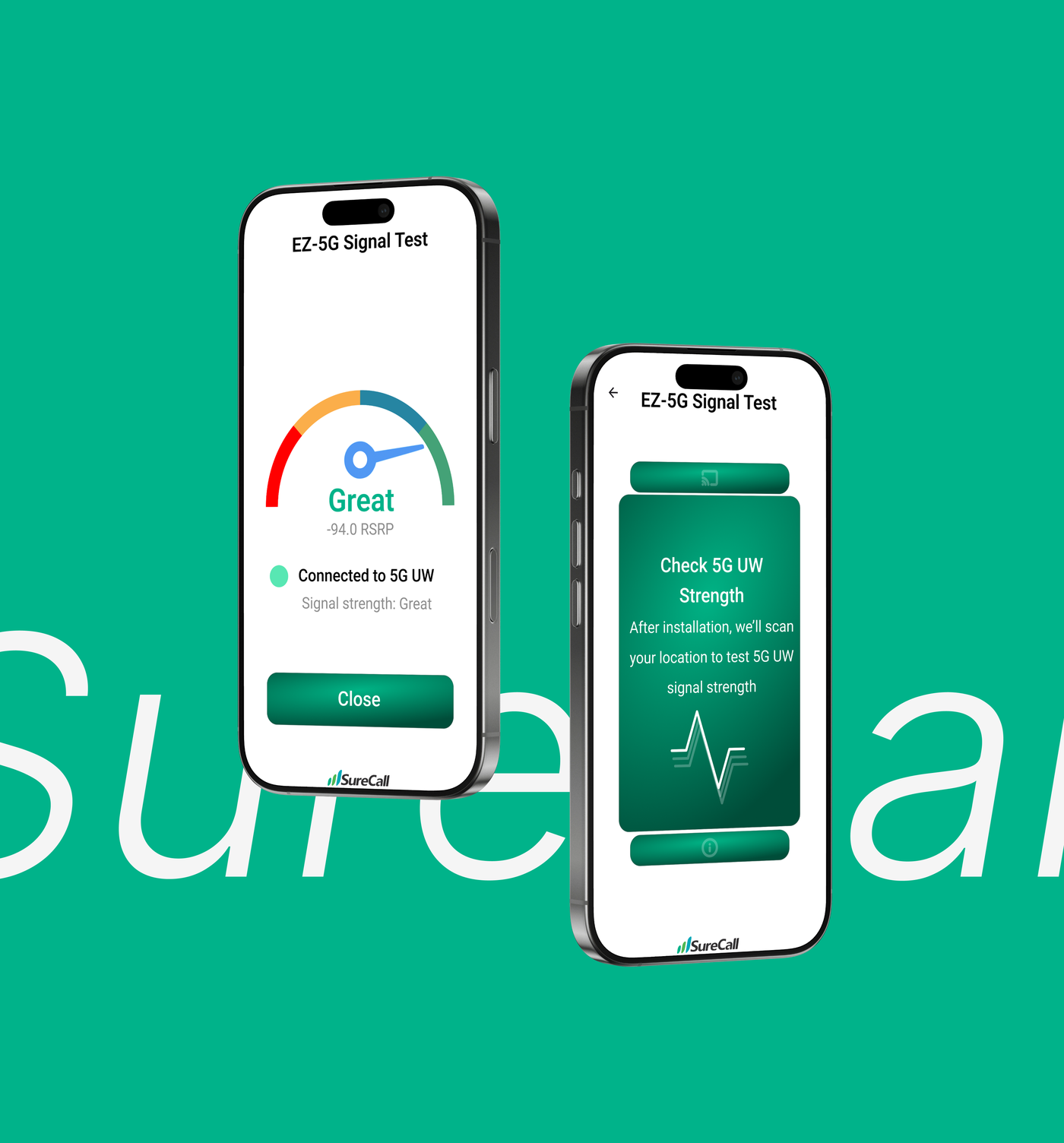 Two SureCall EZ-5G Signal Test app screens on a green background, showing a signal-strength gauge and a 5G UW strength check