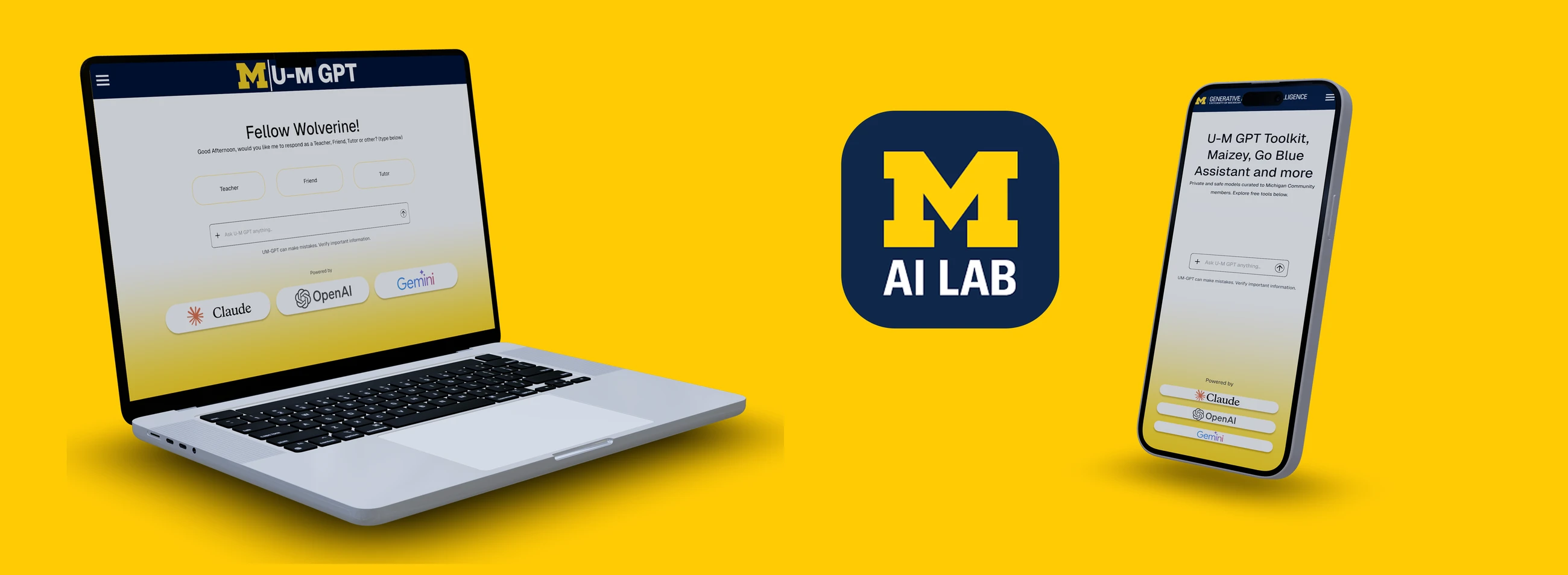Michigan ChatGPT redesign shown on a laptop and phone, with the M AI Lab mark, on a maize background