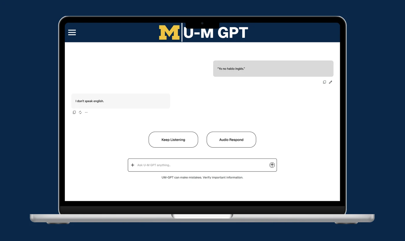 Michigan ChatGPT audio feedback conversation with Keep Listening and Audio Respond controls, on a laptop