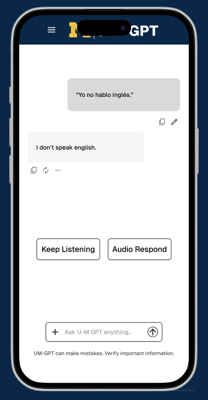 Michigan ChatGPT audio feedback conversation with Keep Listening and Audio Respond controls, on a phone