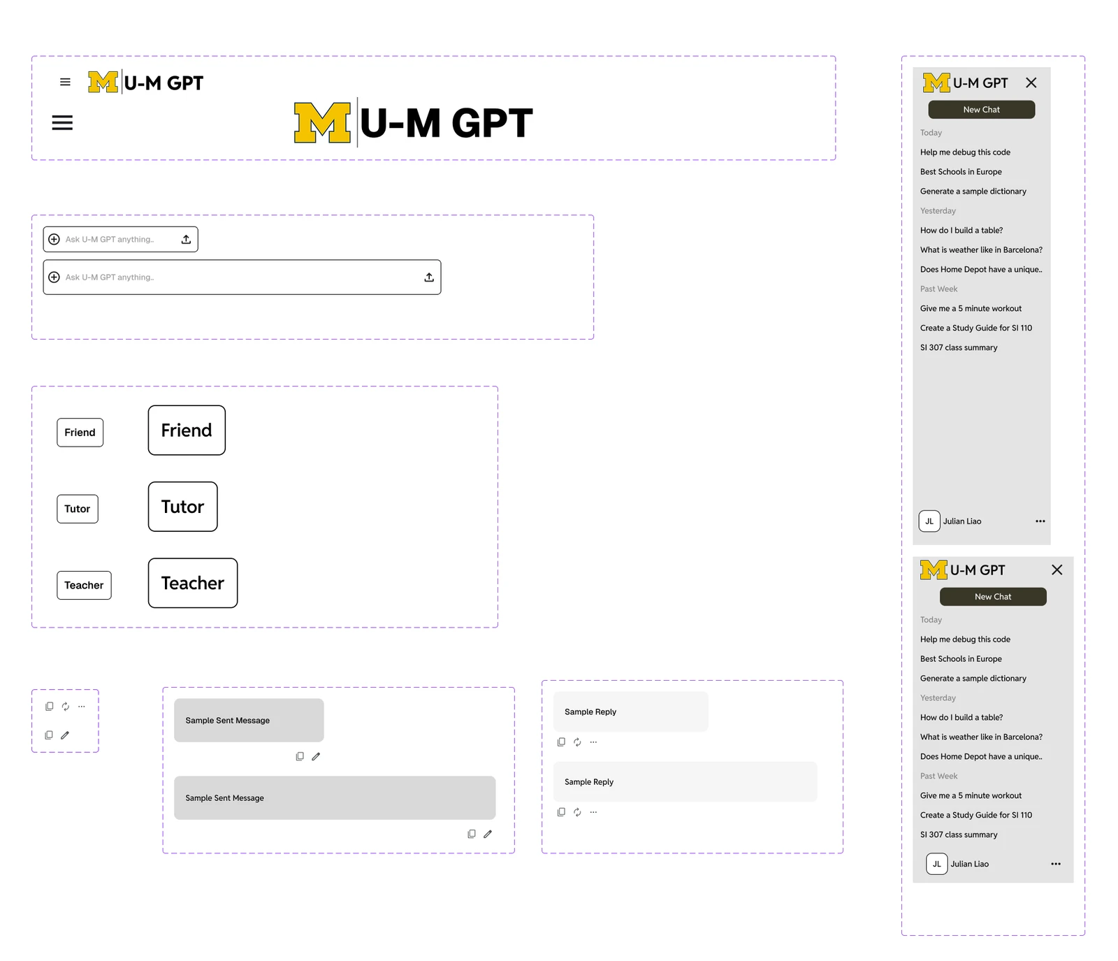 Michigan ChatGPT component library: navbar, search bar, mode-selection buttons, sidebar, and sample sent/reply message bubbles