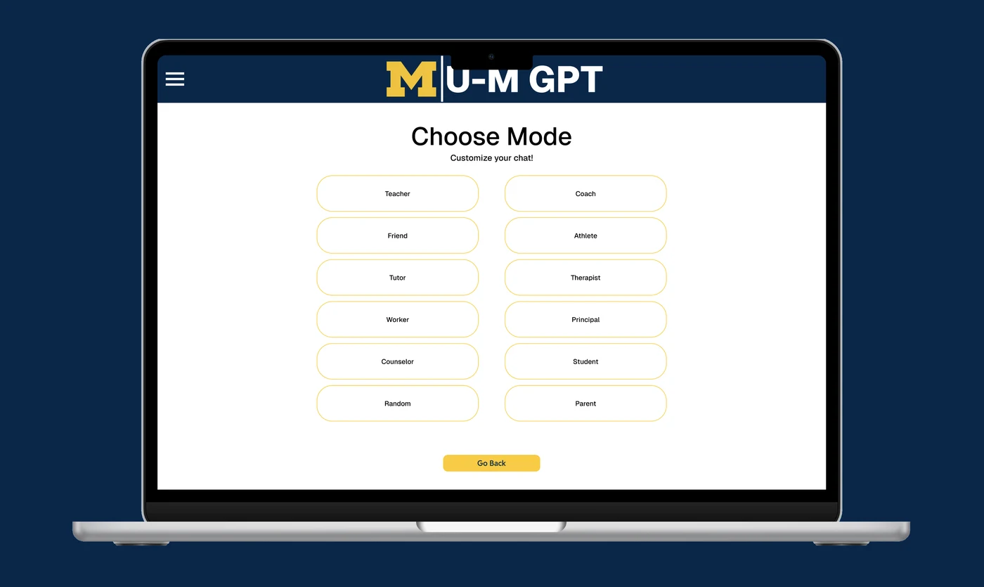 Michigan ChatGPT Choose Mode chatbot customization screen, on a laptop