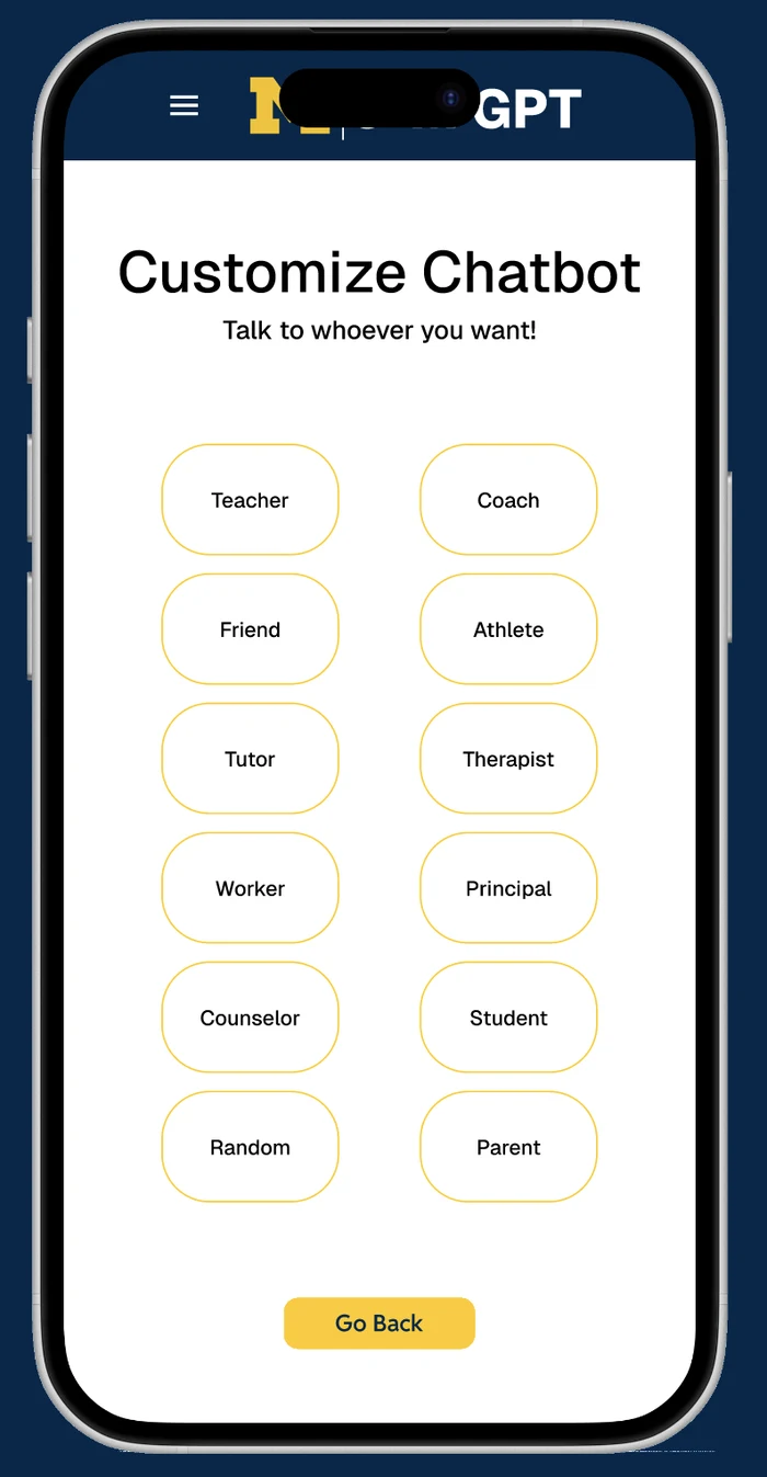 Michigan ChatGPT Choose Mode chatbot customization screen, on a phone