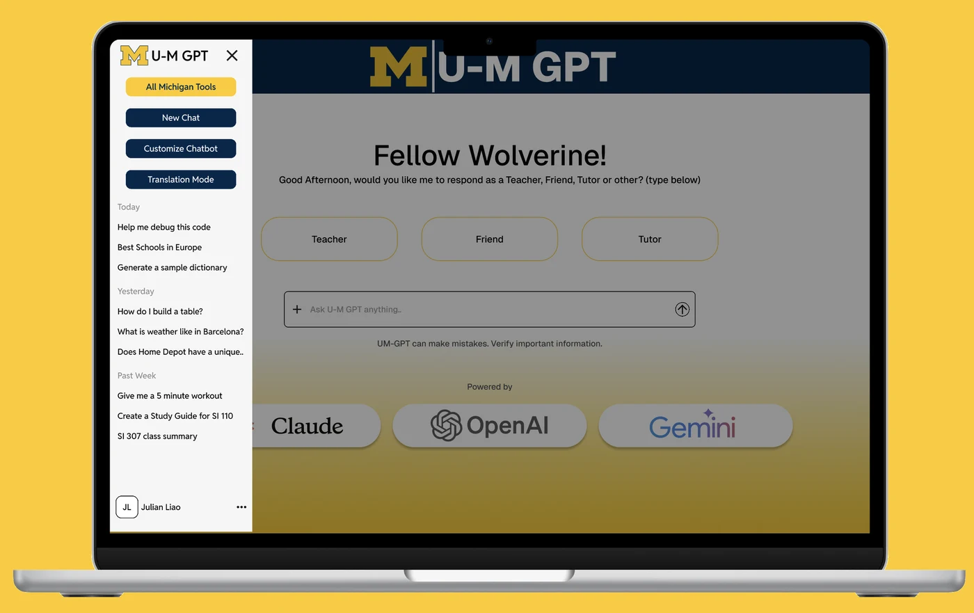 Michigan ChatGPT sidebar navigation open over the chat homepage, on a laptop