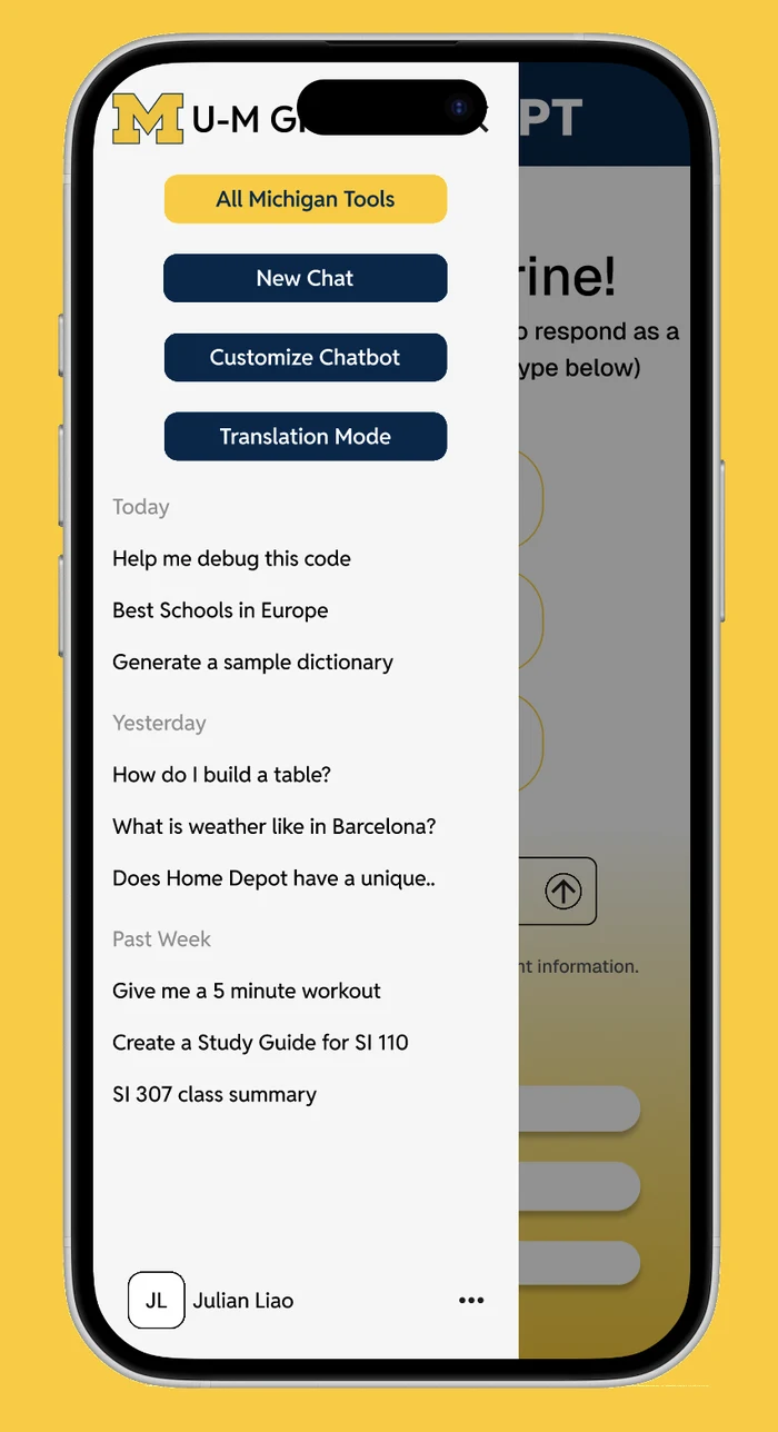 Michigan ChatGPT sidebar navigation, on a phone