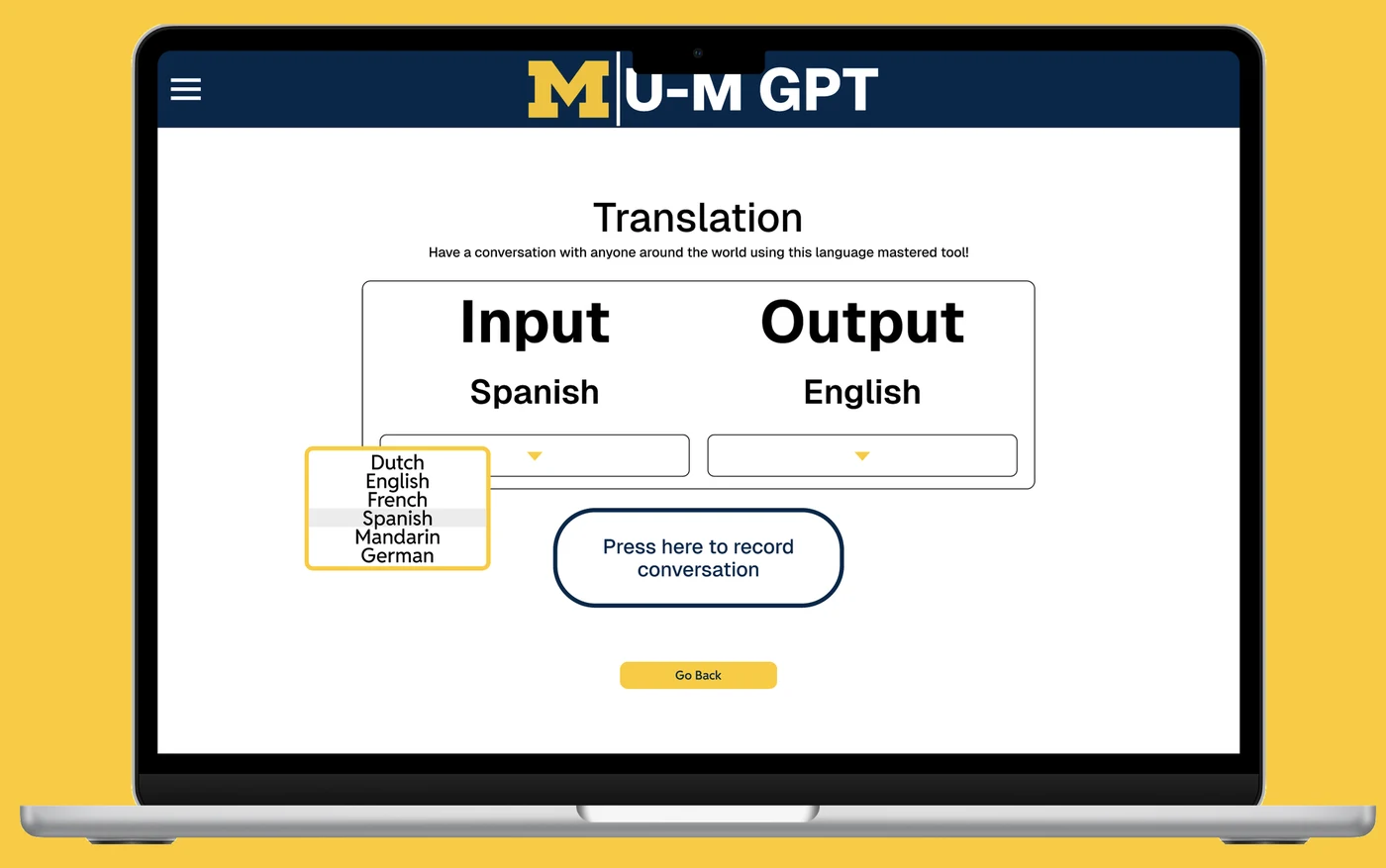 Michigan ChatGPT Translation Mode screen with input and output language selectors, on a laptop