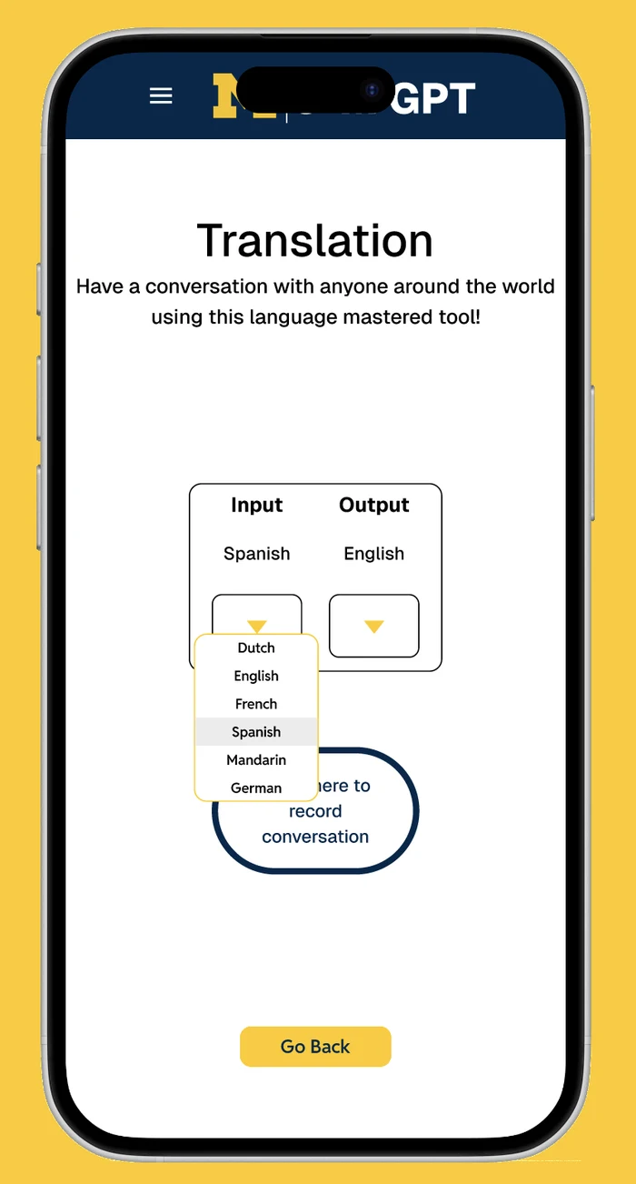 Michigan ChatGPT Translation Mode screen with input and output language selectors, on a phone