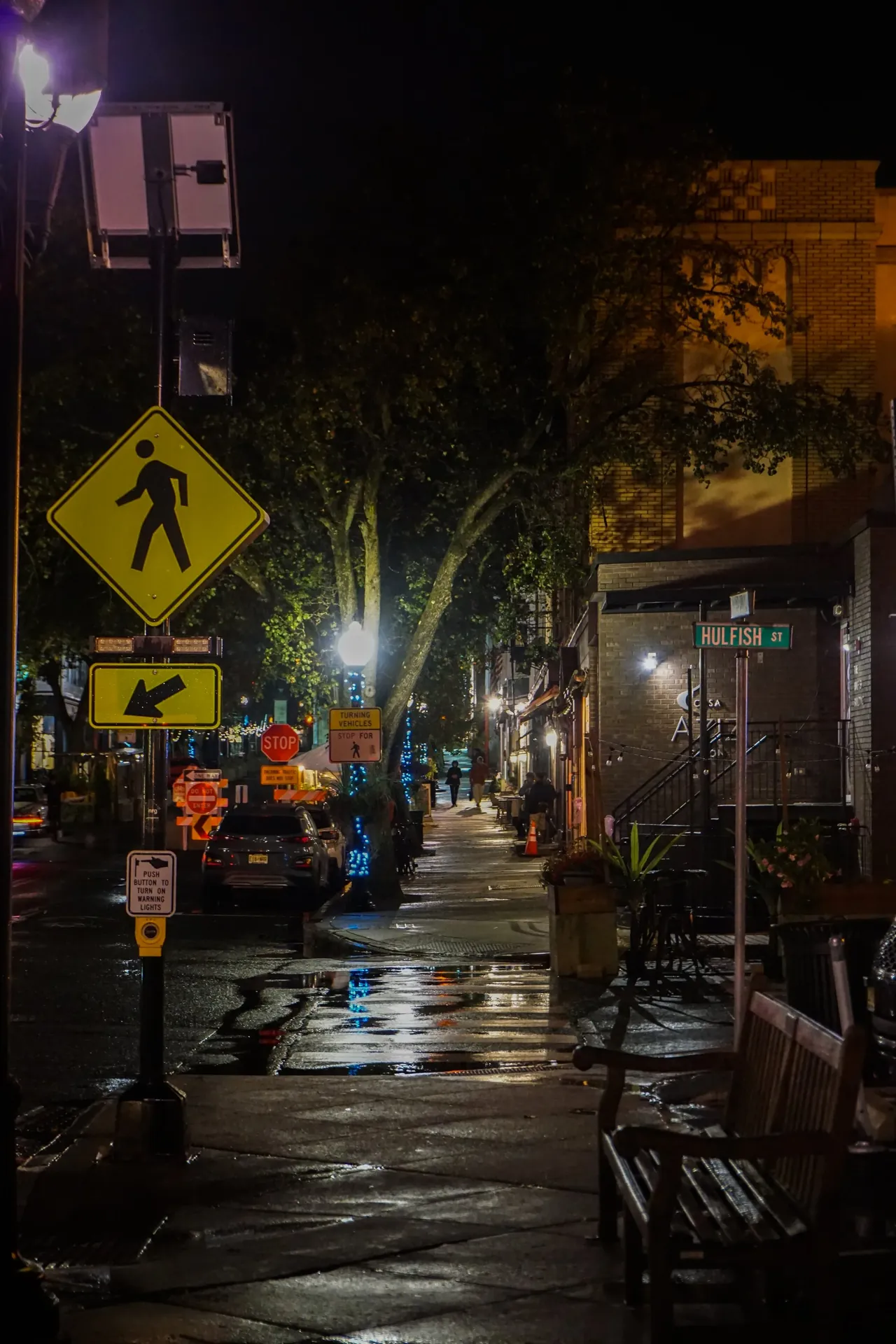 Night photo of a wet city street lined with trees, string lights, and a “Hulfish St” street sign