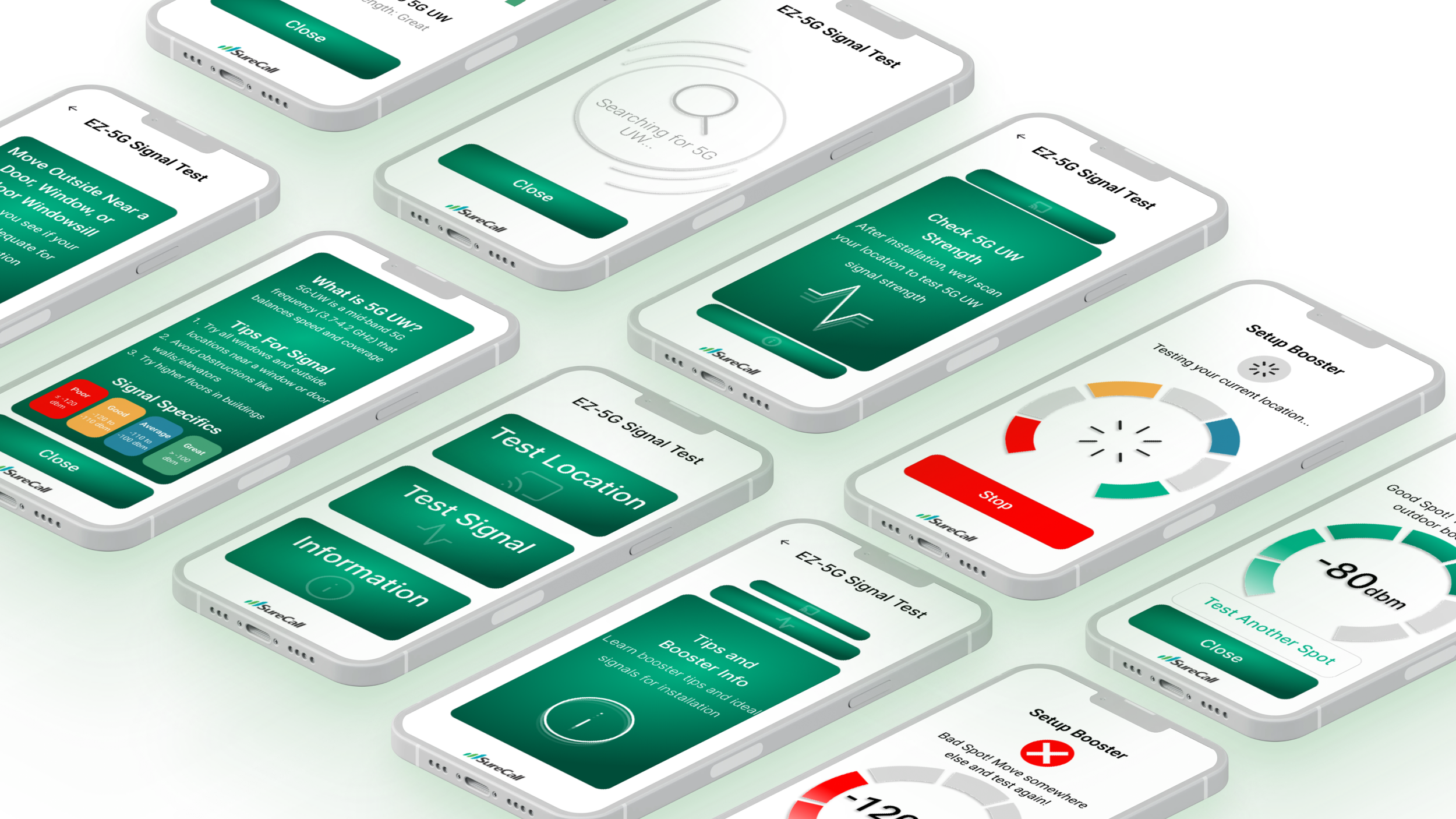 Collage of SureCall app screens arranged at an angle, showing the signal test, booster setup, and information flows