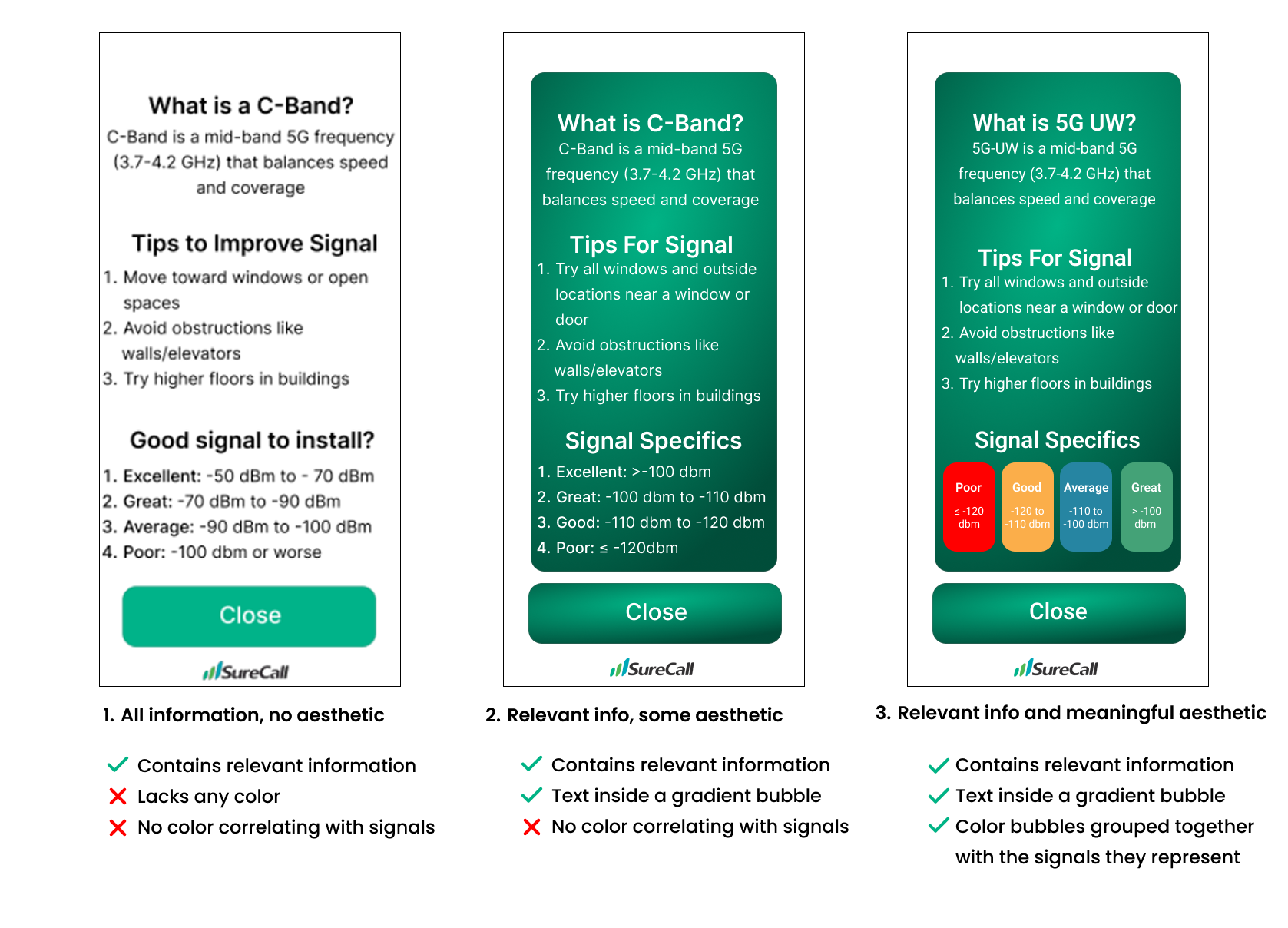 Three iteration options for explaining 5G C-Band and UW technology: plain information with no aesthetic, relevant information in a gradient bubble, and relevant information with color-coded signal specifics