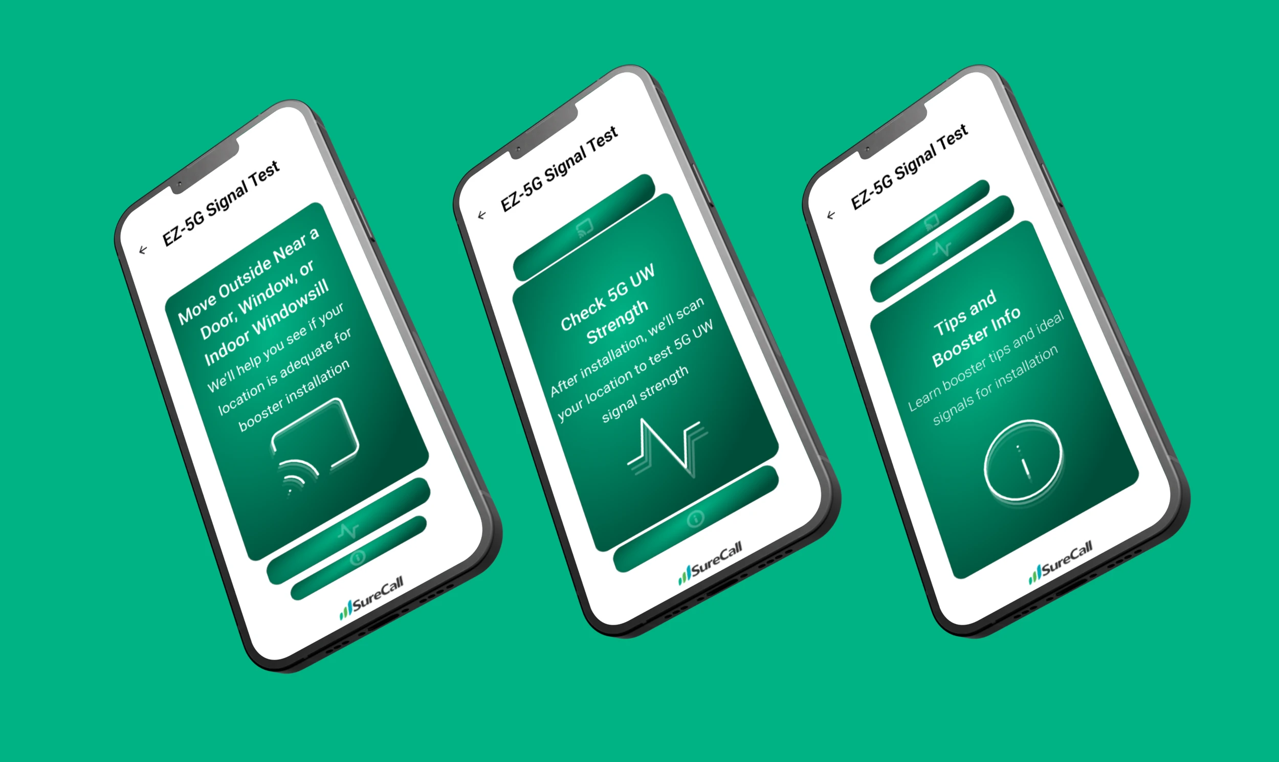 Three SureCall screens guiding a user to move near a window, checking 5G UW strength, and offering booster tips
